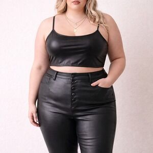 Apperloth A Mens Black Faux Leather Fleece Lined High Waist Button Fly Pants 2XL